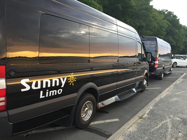 A black van is parked on the side of the road.
