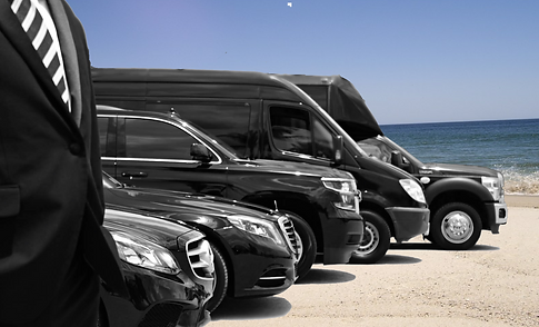 A line of black cars parked on the beach.