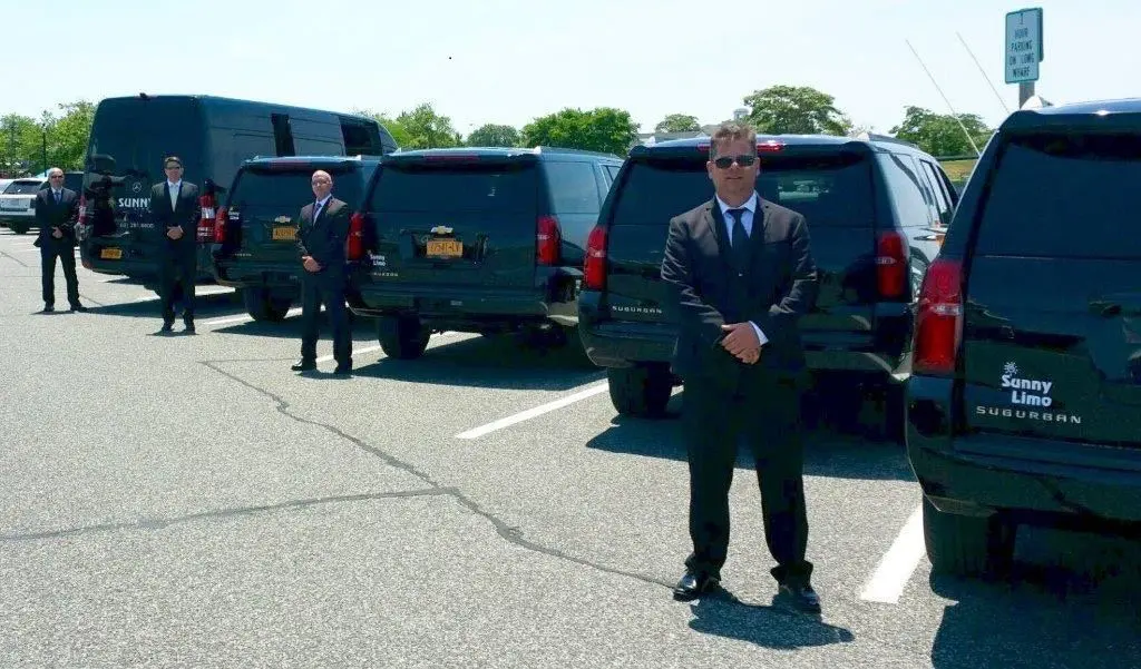 Two men in suits and ties standing next to a line of parked cars.